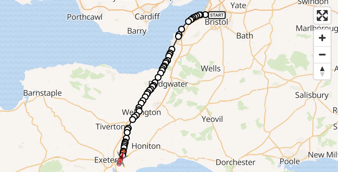 Flight route Air Ambulance Helicopter Bristol - Rockbeare, 21 May 2026, 10:14