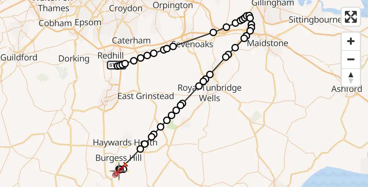 Flight route Air Ambulance Helicopter Redhill Aerodrome - Hassocks, 21 May 2026, 10:21
