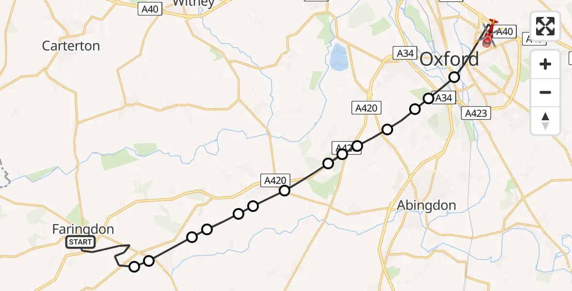 Flight route Air Ambulance Helicopter Faringdon - Oxford, 21 May 2026, 10:24
