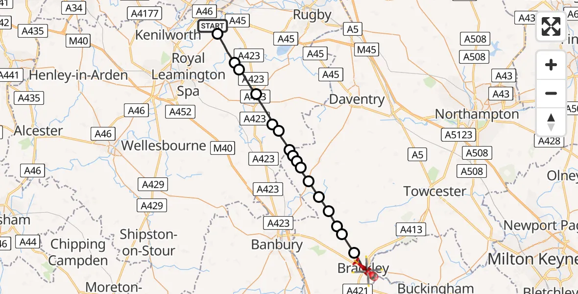 Flight route Air Ambulance Helicopter Warwick - Brackley, 21 May 2026, 10:26