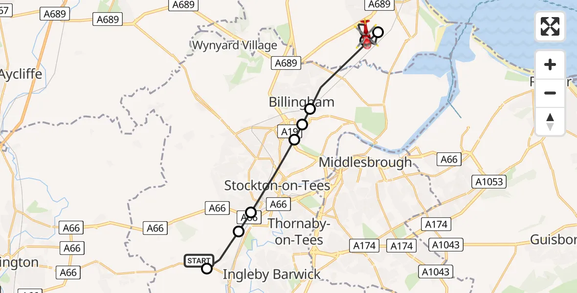 Flight route Air Ambulance Helicopter Egglescliffe - Greatham, 21 May 2026, 10:34