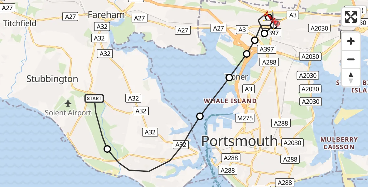 Flight route Air Ambulance Helicopter Lee-on-the-Solent - Queen Alexandra Hospital, 21 May 2026, 10:39