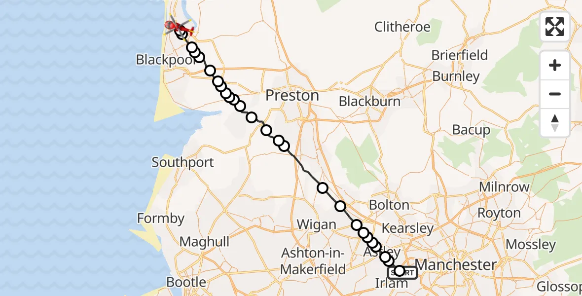 Flight route Air Ambulance Helicopter Manchester Barton Aerodrome - Thornton, 21 May 2026, 10:40