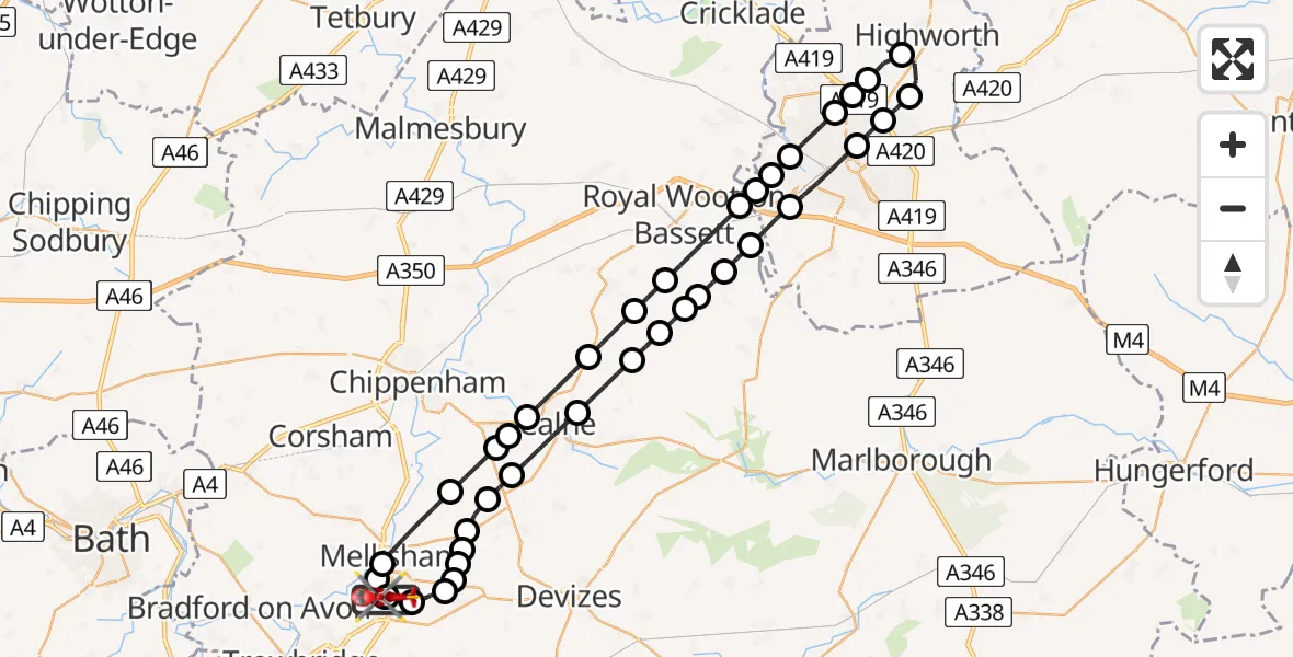 Flight route Air Ambulance Helicopter Wiltshire Air Ambulance - Wiltshire Air Ambulance, 21 May 2026, 10:50
