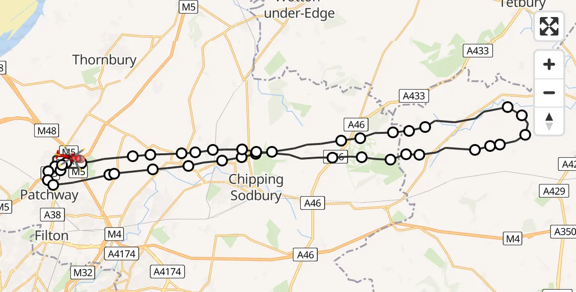 Flight route Air Ambulance Helicopter Almondsbury Helicopter Base - Almondsbury Helicopter Base, 21 May 2026, 10:50