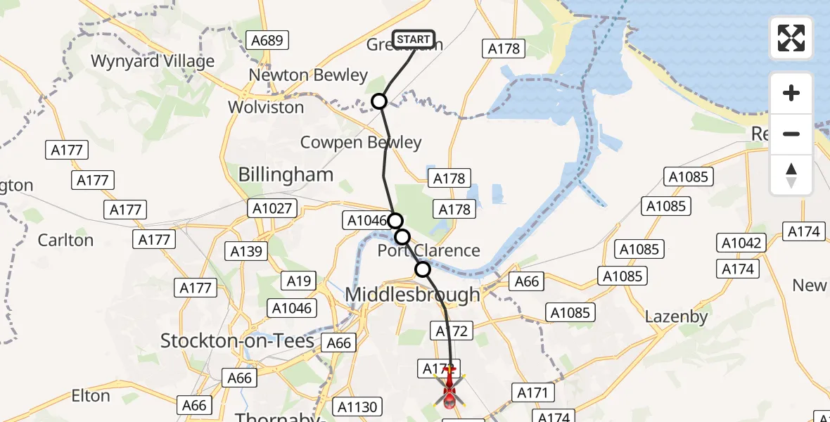 Flight route Air Ambulance Helicopter Greatham - James Cook University Hospital, 21 May 2026, 11:11