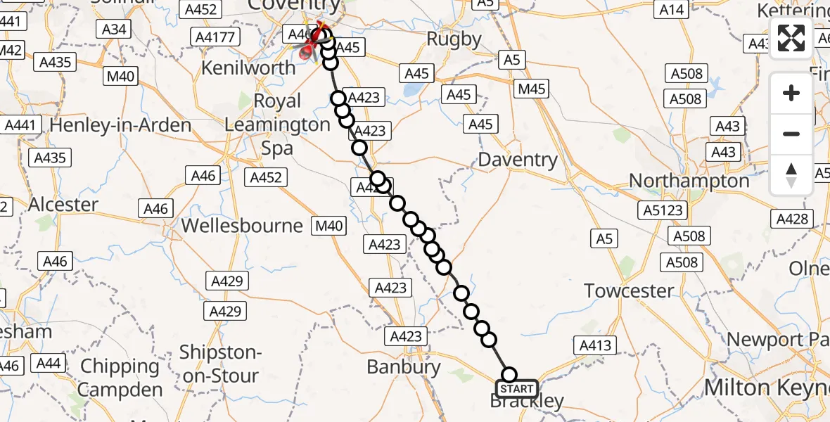 Flight route Air Ambulance Helicopter Brackley - Coventry Airport, 21 May 2026, 11:30