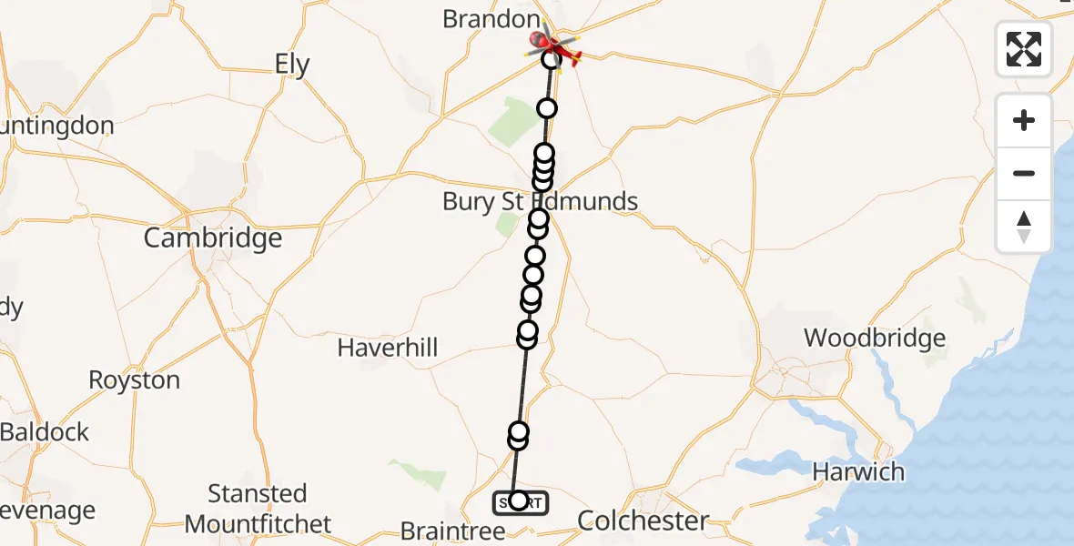 Flight route Air Ambulance Helicopter Earls Colne Airfield - Thetford, 21 May 2026, 11:38