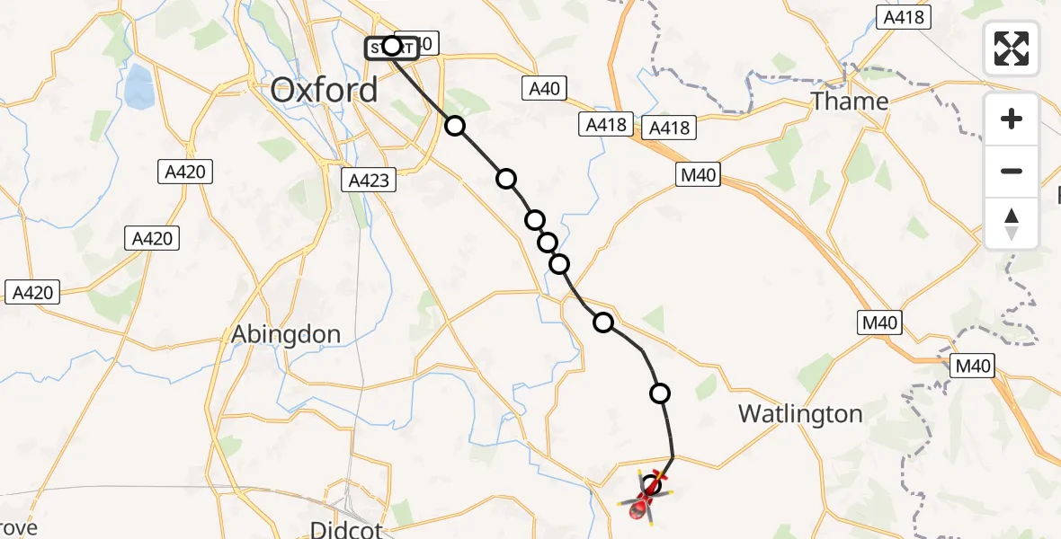 Flight route Air Ambulance Helicopter John Radcliffe Hospital - RAF Benson, 21 May 2026, 11:47