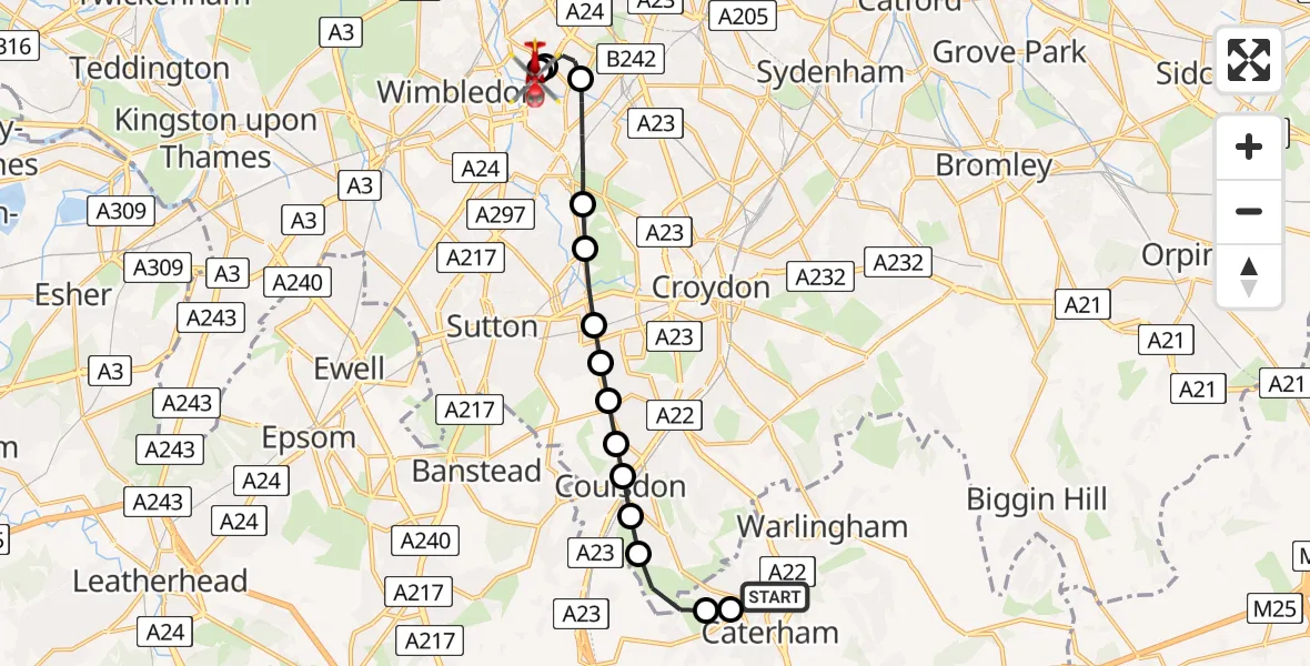 Flight route Air Ambulance Helicopter Caterham - St Georges Hospital, 21 May 2026, 11:49