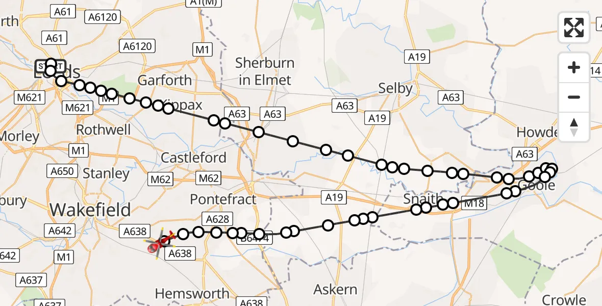 Flight route Air Ambulance Helicopter Woodhouse - YAA Nostell Helicopter Port, 21 May 2026, 11:50