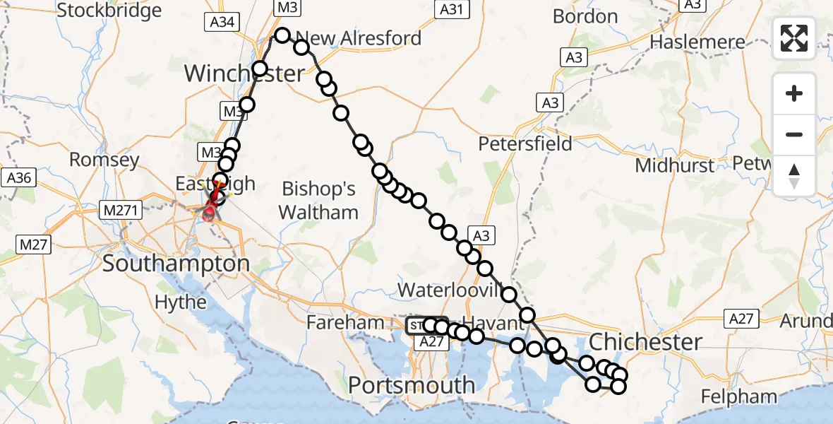 Flight route Air Ambulance Helicopter Queen Alexandra Hospital - Southampton Airport, 21 May 2026, 11:53