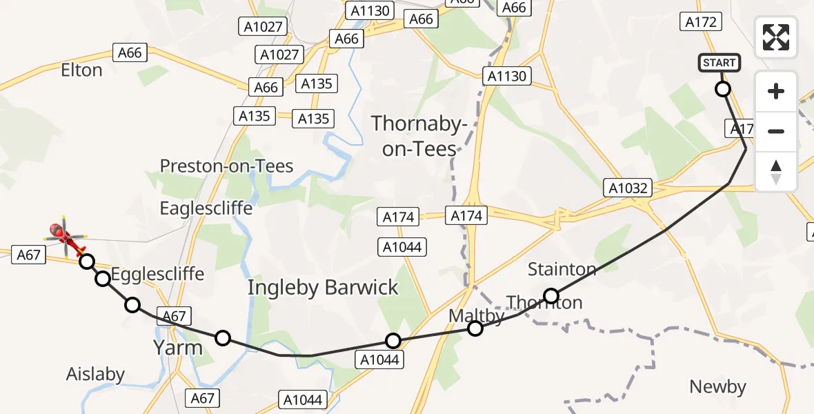 Flight route Air Ambulance Helicopter James Cook University Hospital - Egglescliffe, 21 May 2026, 11:56