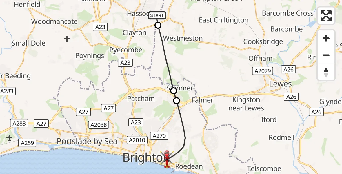 Flight route Air Ambulance Helicopter Hassocks - Brighton, 21 May 2026, 12:00