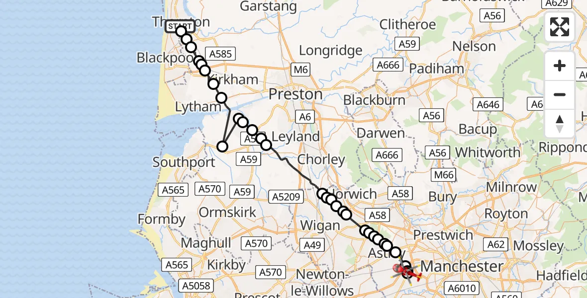Flight route Air Ambulance Helicopter Thornton - Manchester Barton Aerodrome, 21 May 2026, 12:11