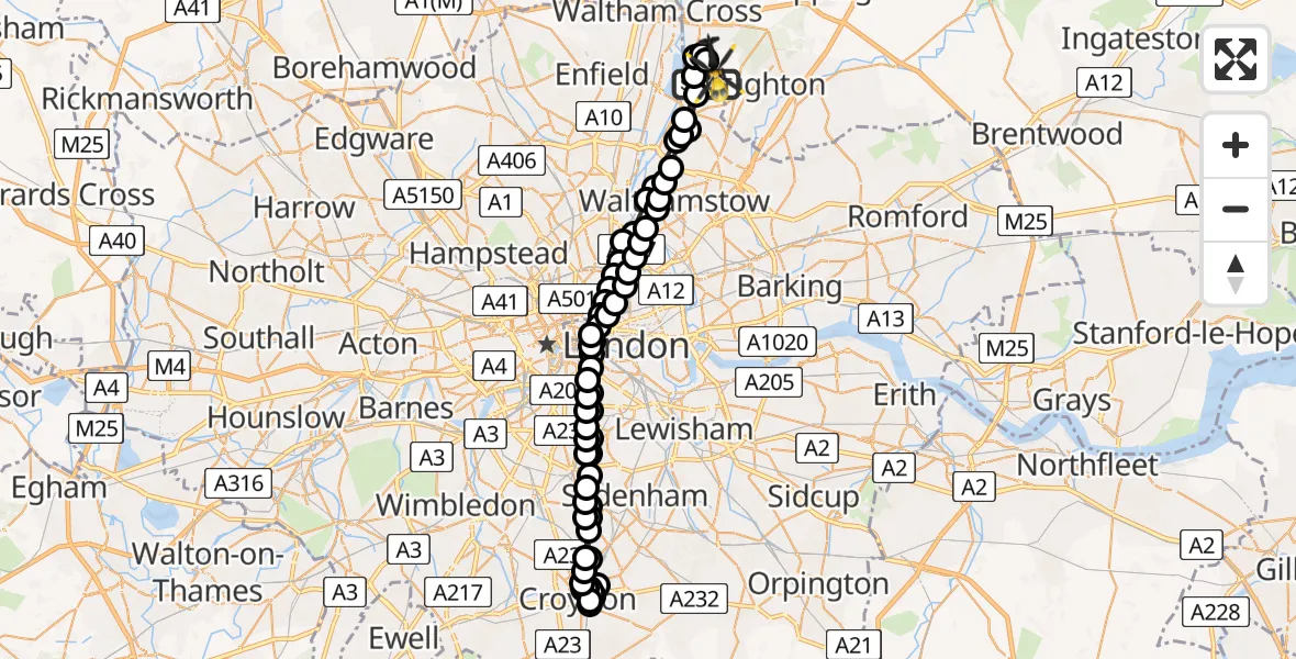 Flight route Police Helicopter Sewardstonebury - Metropolitan Police Air Support Unit Lippitts Hill, 21 May 2026, 12:25