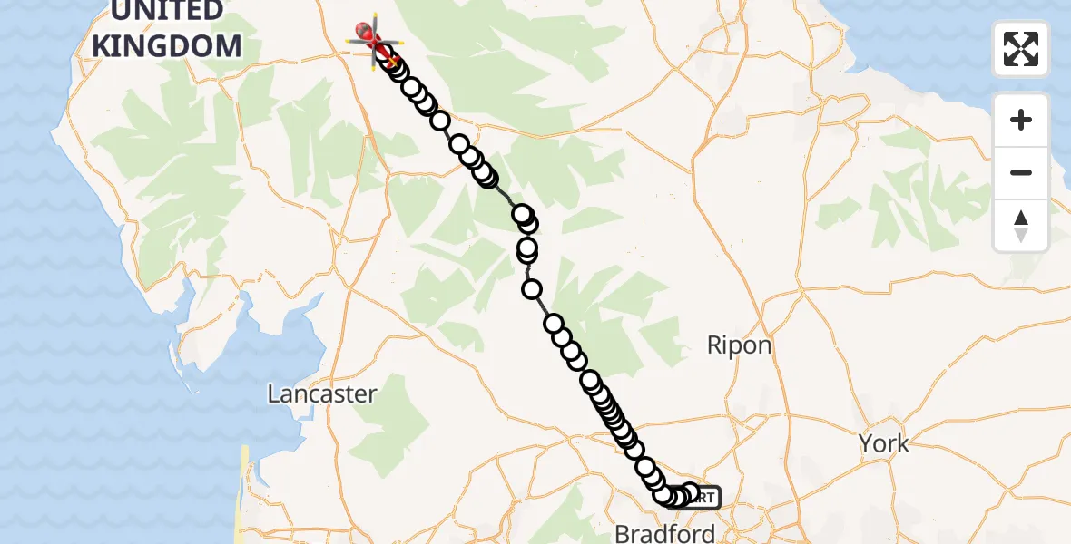 Flight route Air Ambulance Helicopter Leeds Bradford Airport - Culgaith, 21 May 2026, 12:28