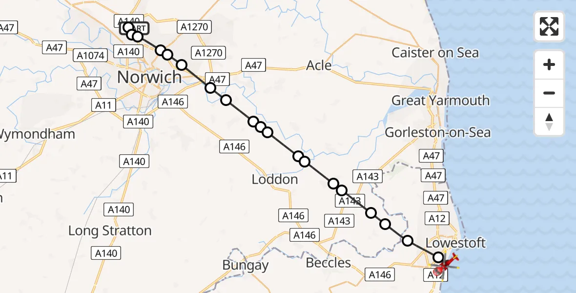 Flight route Air Ambulance Helicopter Norwich Airport - Lowestoft, 21 May 2026, 12:41