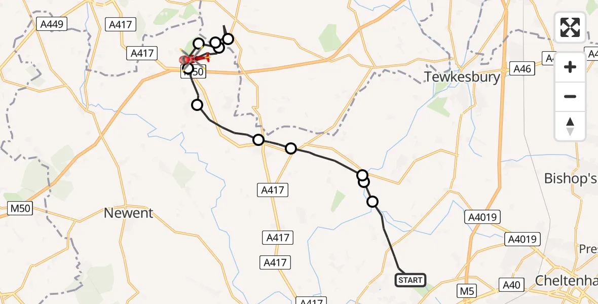 Flight route Air Ambulance Helicopter Tewkesbury - Berrow Airstrip, 21 May 2026, 12:47