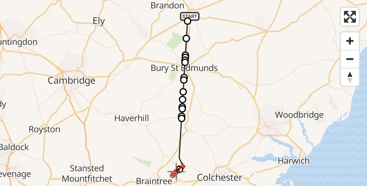 Flight route Air Ambulance Helicopter Thetford - Earls Colne Airfield, 21 May 2026, 12:58