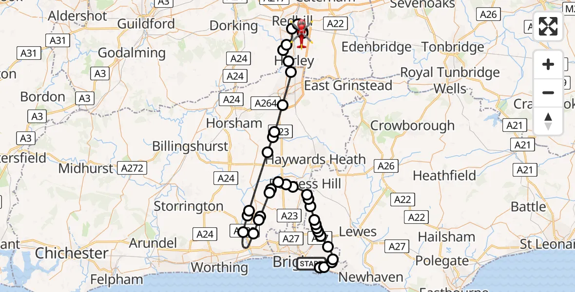 Flight route Air Ambulance Helicopter Brighton - Redhill Aerodrome, 21 May 2026, 13:01