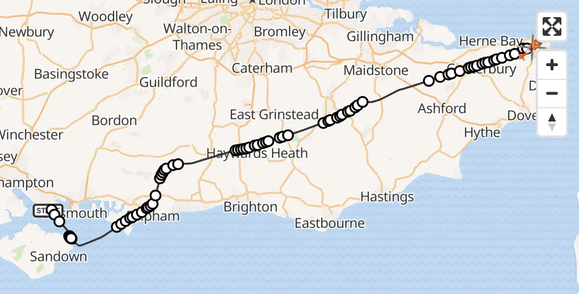 Flight route Coastguard Helicopter Solent Airport - Manston Airport, 21 May 2026, 13:05