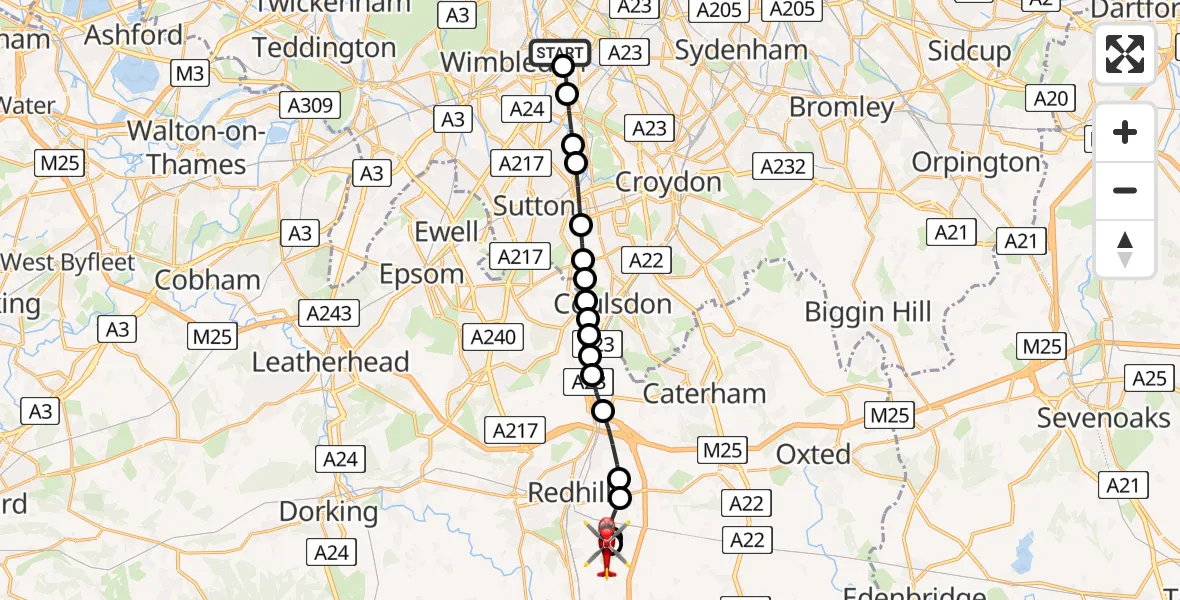 Flight route Air Ambulance Helicopter St Georges Hospital - Redhill Aerodrome, 21 May 2026, 13:06