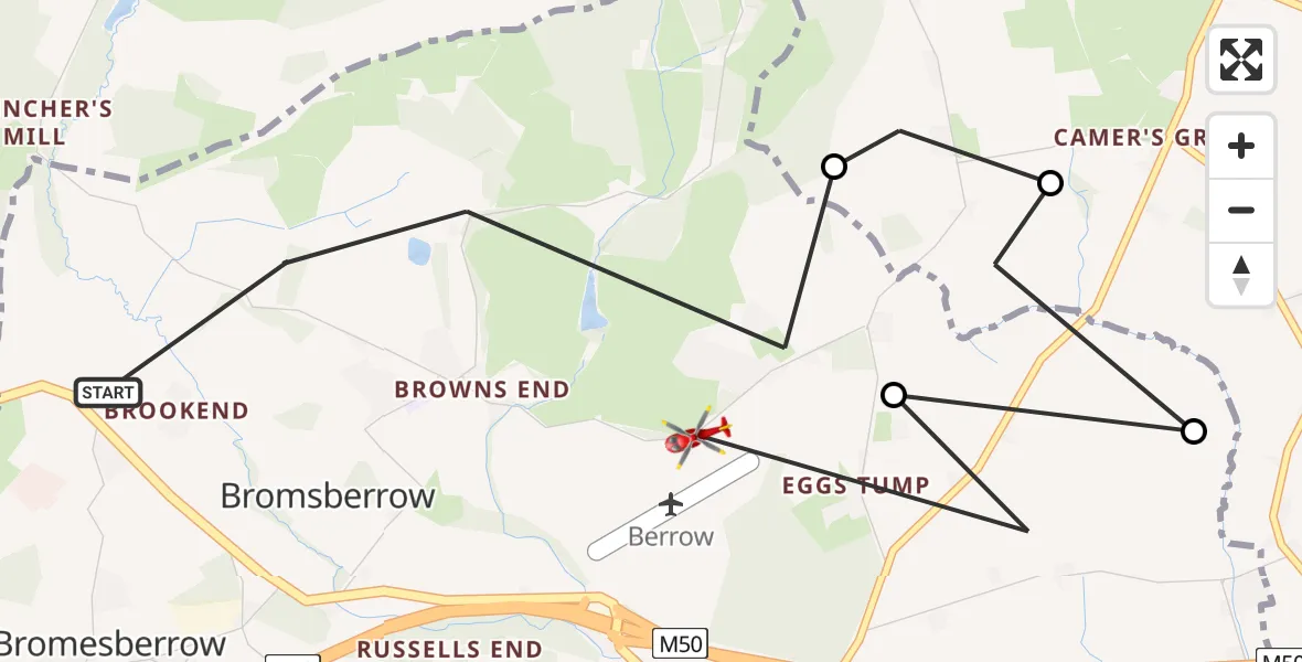 Flight route Air Ambulance Helicopter Bromsberrow - Berrow Airstrip, 21 May 2026, 13:06