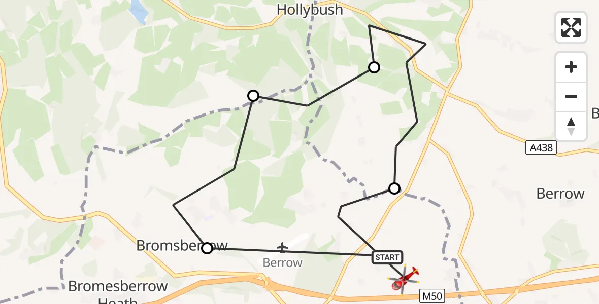 Flight route Air Ambulance Helicopter Forest of Dean - Bromesberrow Heath, 21 May 2026, 13:09
