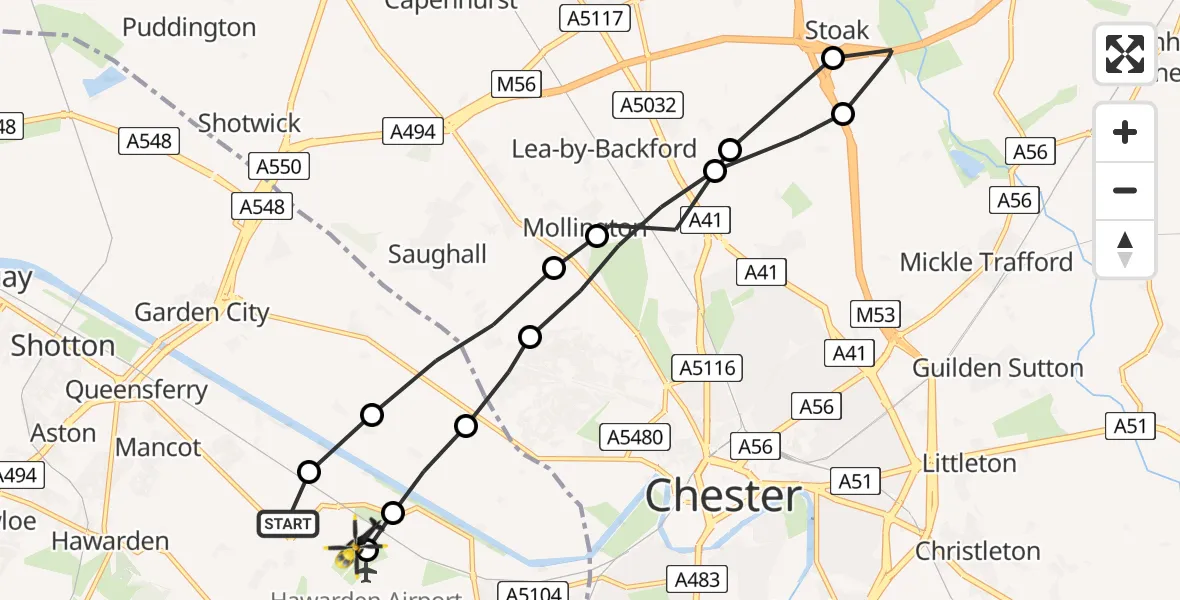Flight route Police Helicopter Hawarden Airport - Hawarden Airport, 21 May 2026, 13:16