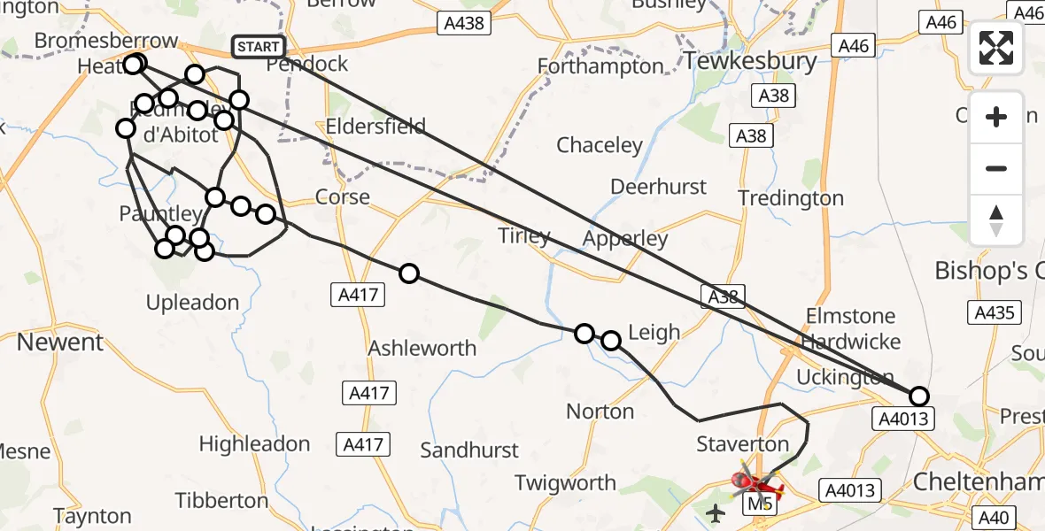 Flight route Air Ambulance Helicopter Forest of Dean - Tewkesbury, 21 May 2026, 13:20