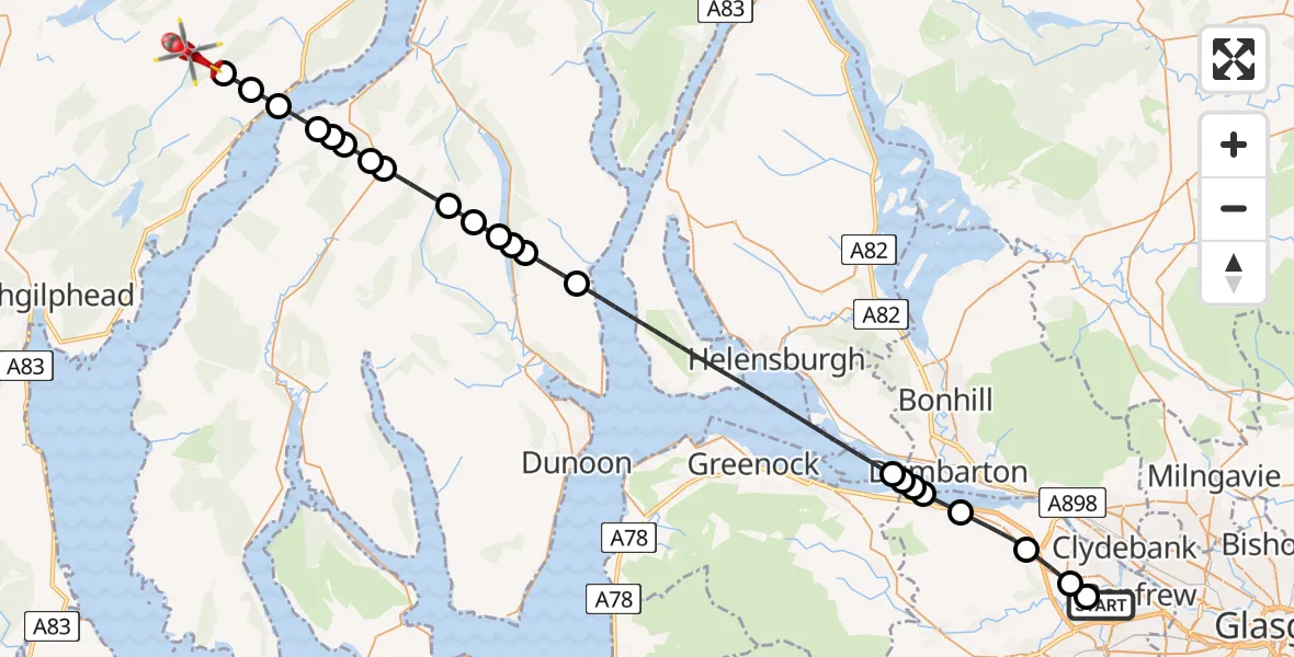 Flight route Air Ambulance Helicopter Glasgow Airport - Brenchoille, 21 May 2026, 13:21