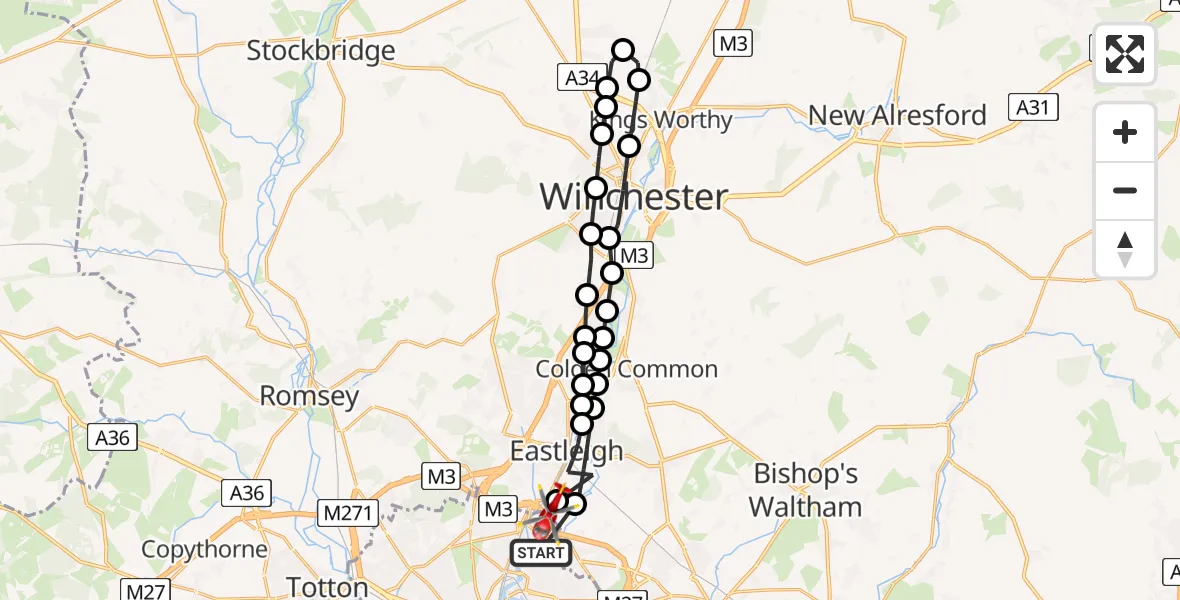 Flight route Air Ambulance Helicopter Townhill Park - Southampton Airport, 21 May 2026, 13:21