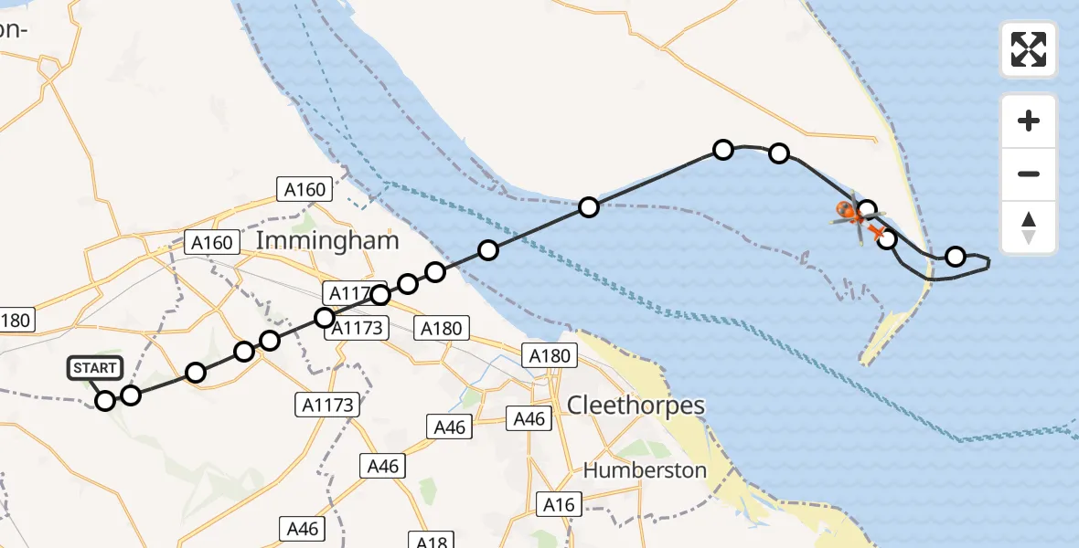 Flight route Coastguard Helicopter Humberside Airport - Easington, 21 May 2026, 13:26
