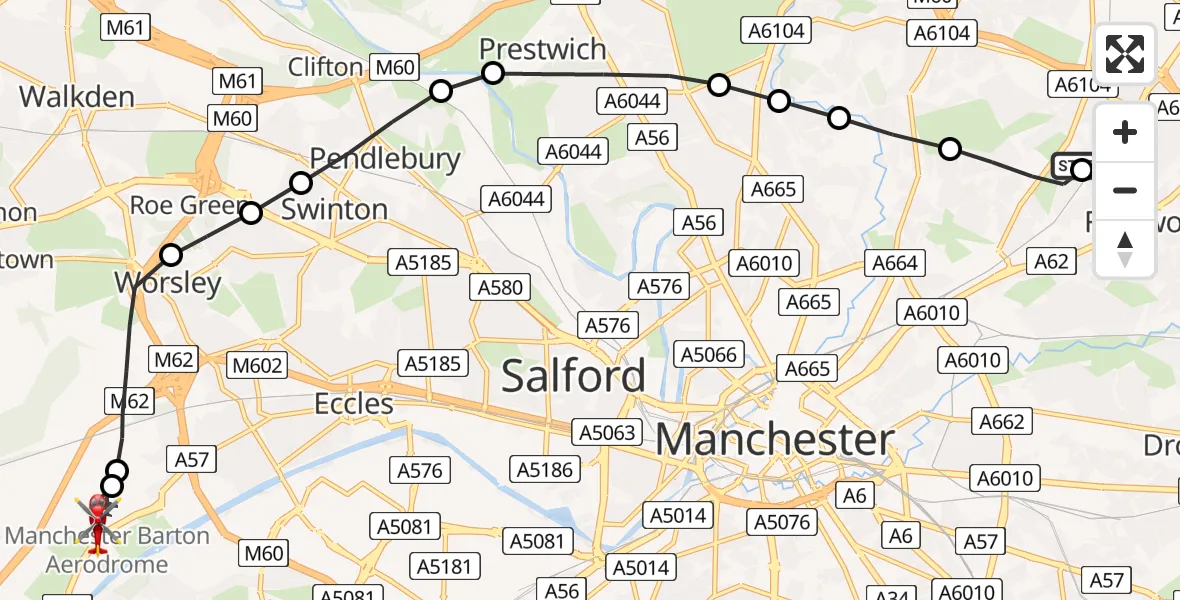 Flight route Air Ambulance Helicopter New Moston - Manchester Barton Aerodrome, 21 May 2026, 13:31