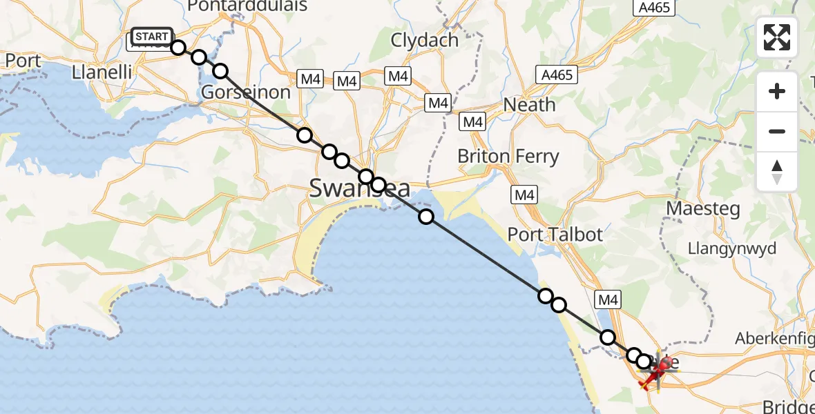 Flight route Air Ambulance Helicopter Dafen - Pyle, 21 May 2026, 13:37