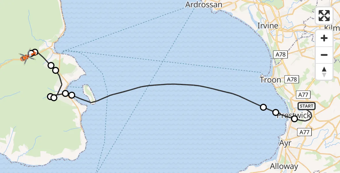 Flight route Coastguard Helicopter Glasgow Prestwick Airport - North Ayrshire, 21 May 2026, 13:42