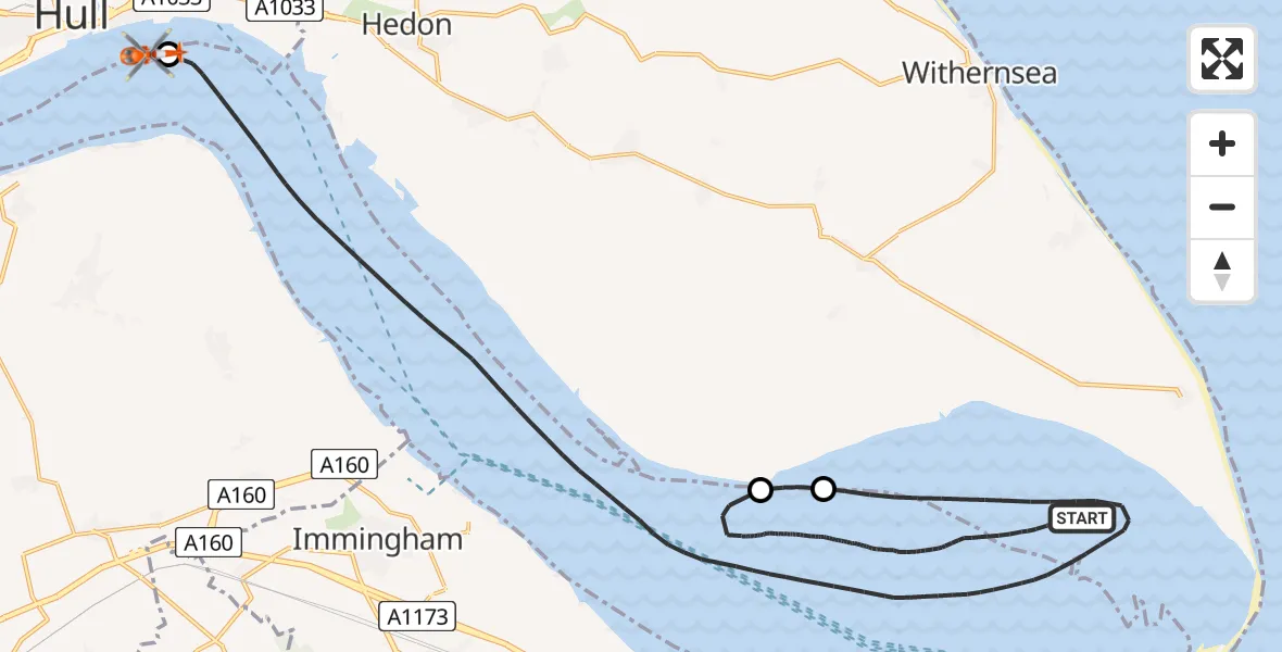 Flight route Coastguard Helicopter North Sea - Hull, 21 May 2026, 13:43