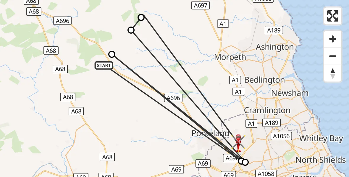 Flight route Air Ambulance Helicopter Kirkwhelpington - Woolsington, 21 May 2026, 13:53