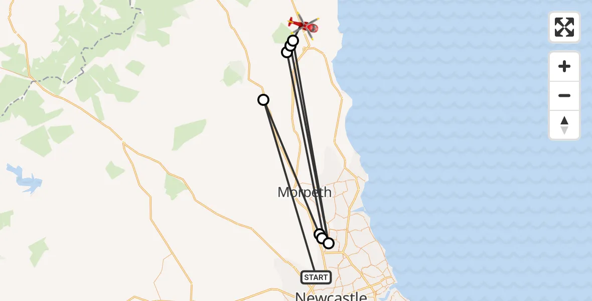 Flight route Air Ambulance Helicopter Newcastle upon Tyne - Denwick, 21 May 2026, 13:57