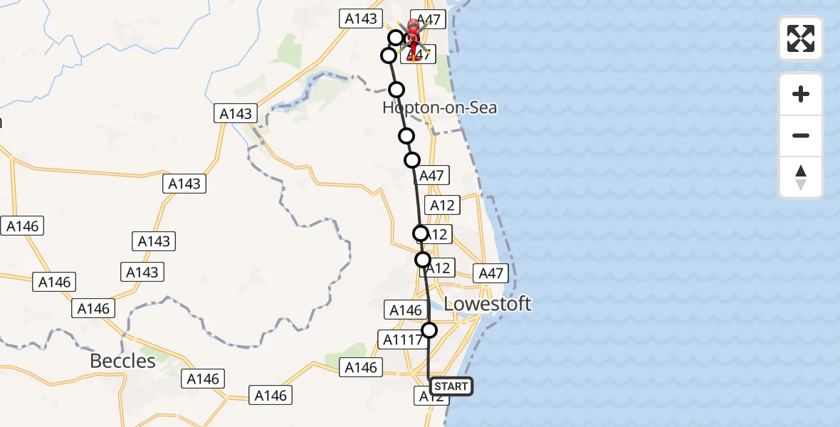 Flight route Air Ambulance Helicopter Lowestoft - James Paget Hospital, 21 May 2026, 14:03