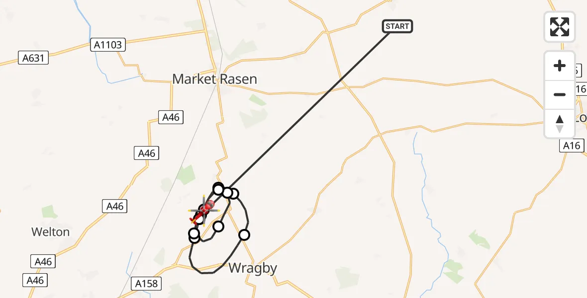 Flight route Air Ambulance Helicopter Binbrook - Wickenby Aerodrome, 21 May 2026, 14:06