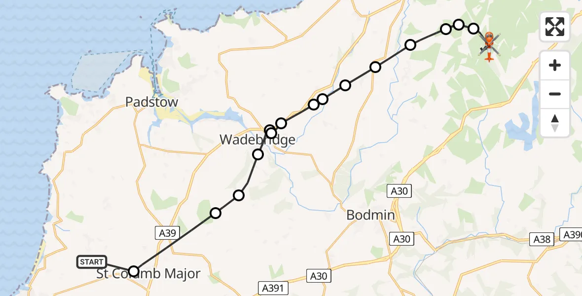Flight route Coastguard Helicopter Cornwall Airport Newquay - St. Breward, 21 May 2026, 14:09