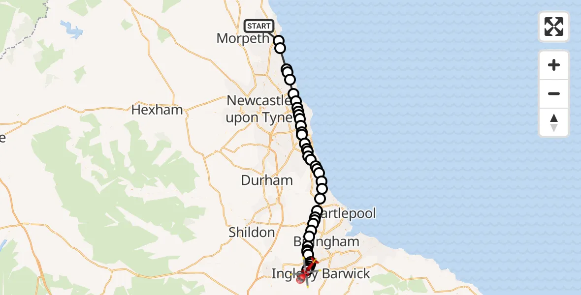 Flight route Air Ambulance Helicopter Ashington - Egglescliffe, 21 May 2026, 14:09