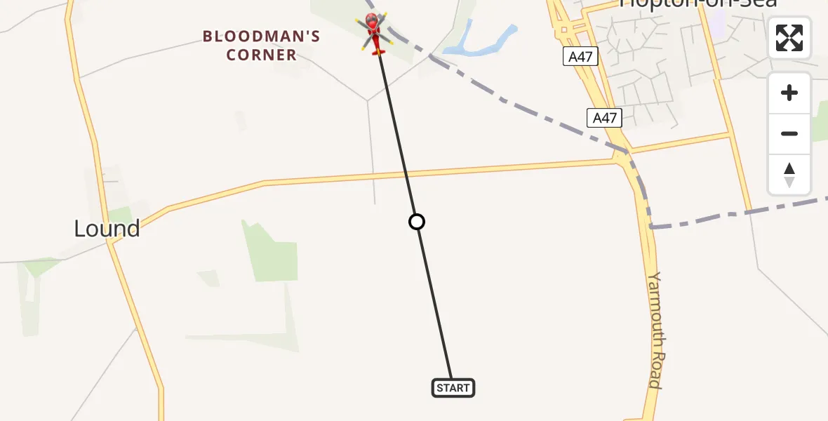 Flight route Air Ambulance Helicopter Blundeston - Lound, 21 May 2026, 14:11