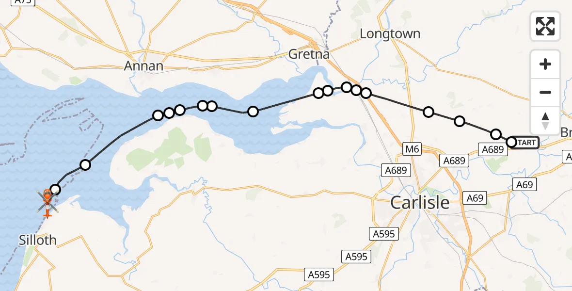 Flight route Coastguard Helicopter Carlisle Lake District Airport - Skinburness, 21 May 2026, 14:15