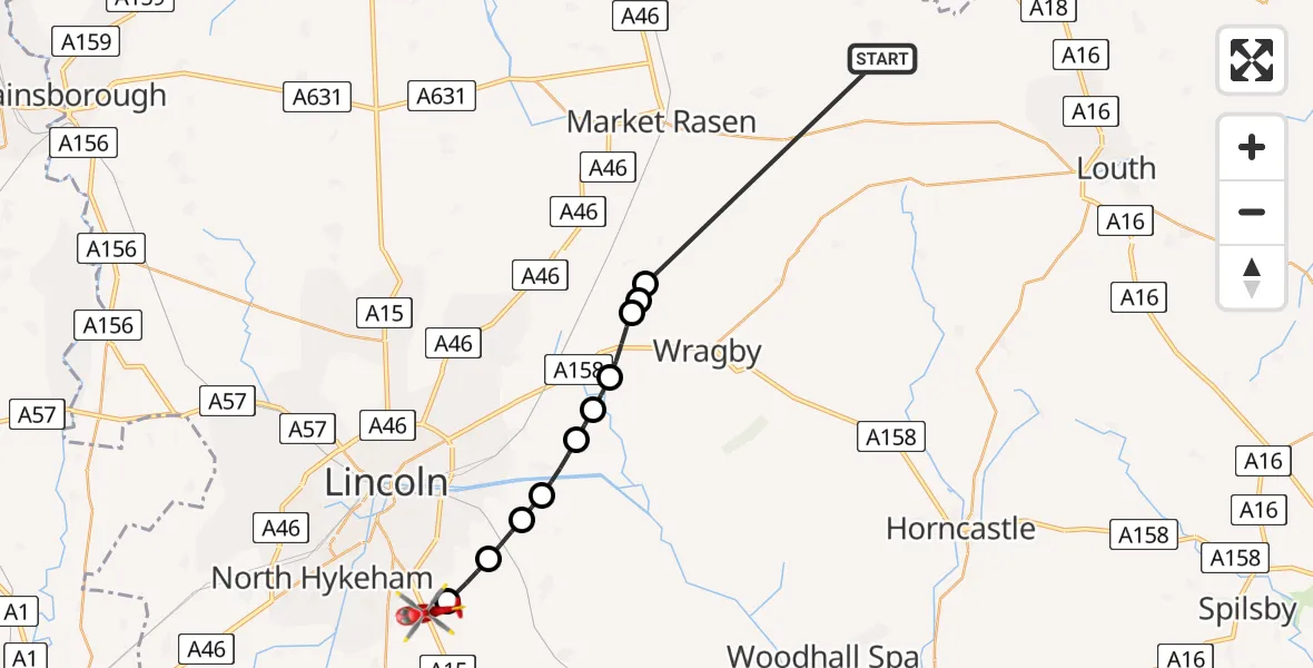 Flight route Air Ambulance Helicopter Binbrook - North Kesteven, 21 May 2026, 14:22