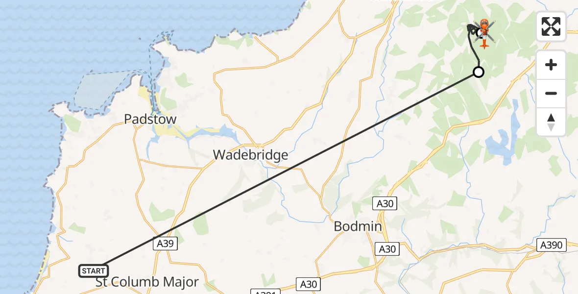 Flight route Coastguard Helicopter Cornwall Airport Newquay - Altarnun, 21 May 2026, 14:25