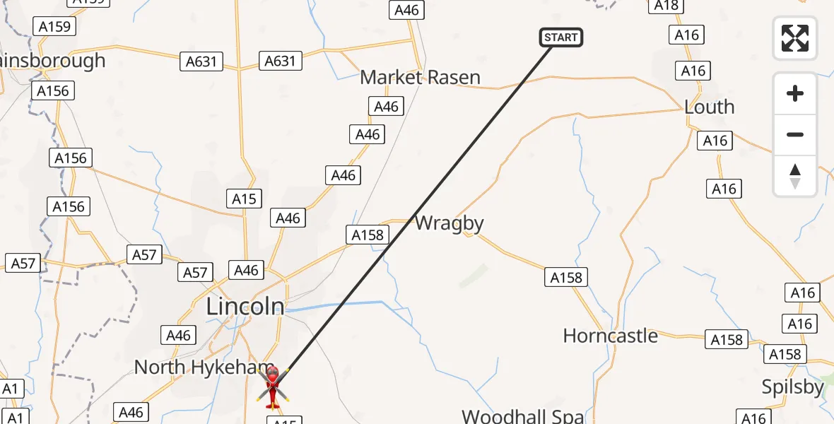Flight route Air Ambulance Helicopter Binbrook - North Kesteven, 21 May 2026, 14:30