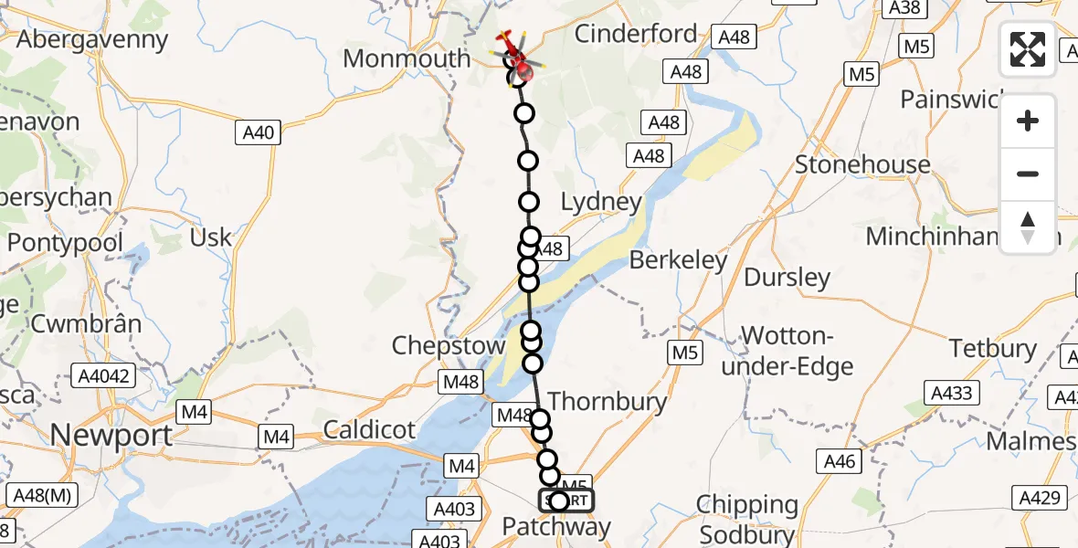 Flight route Air Ambulance Helicopter Almondsbury Helicopter Base - Berry Hill, 21 May 2026, 14:35